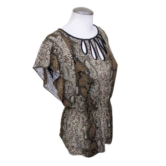 Womens Medium Blouse Flutter Sleeve Smocked Waist Snake Print Brown Cutouts - Picture 4 of 10